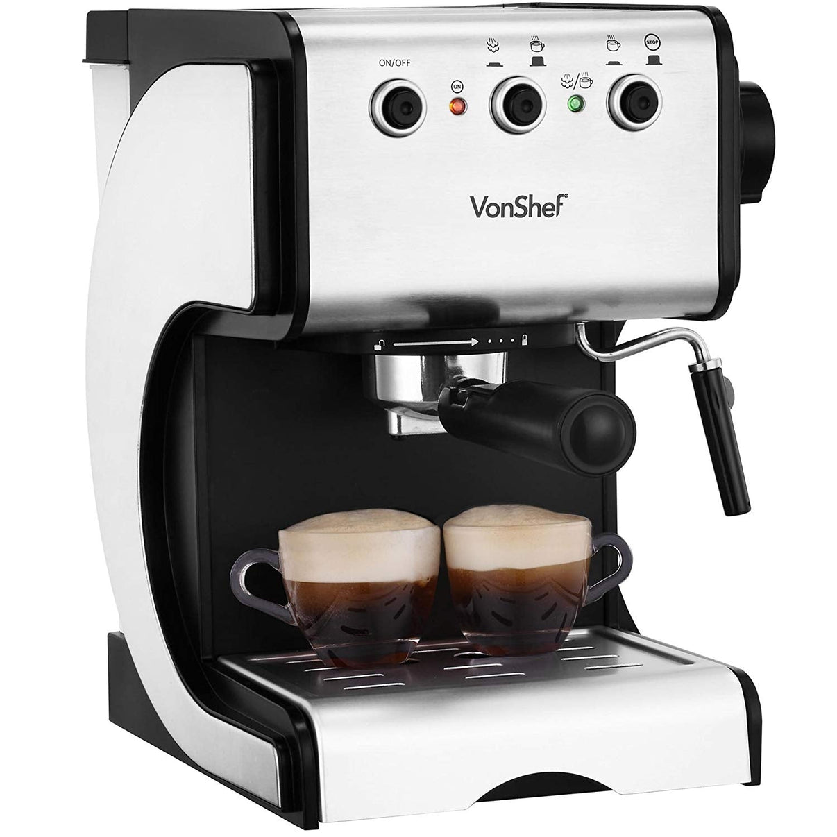 VonShef 220 Volt 15 Bar Espresso Coffee Machine Maker Stainless Steel 220v 240 volts 13171