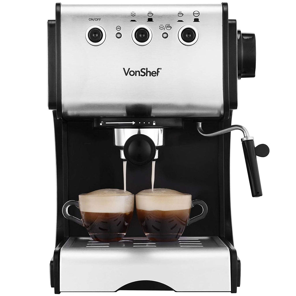 VonShef 220 Volt 15 Bar Espresso Coffee Machine Maker Stainless Steel 220v 240 volts 13171