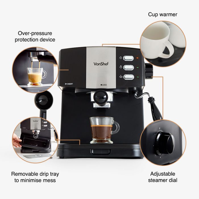 Vonshef 220 volt Pro espresso machine 15 Bar 220v 240 volts 2000098 cappuccino coffee maker